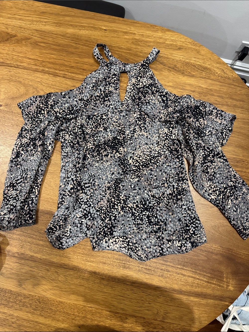Printed Cold-Shoulder Blouse in Black, pink, and Gray